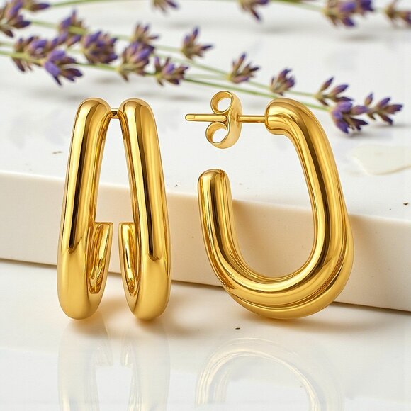 🆕️Minimalist Double C-Hoop Earrings - 18K Gold Plated Stainless Steel Earrings✨ - Picture 1 of 13